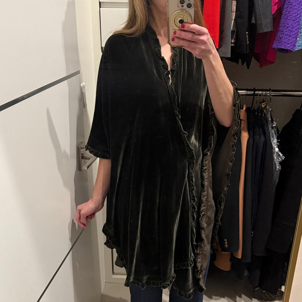 Dark olive green velvet shawl with ruffle trim